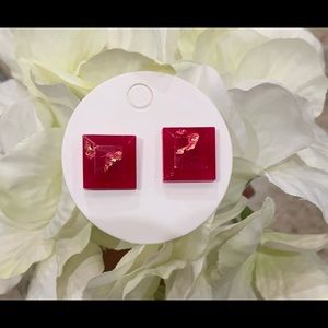 Hot Pink with Gold Flakes Square Resin Stud Earrings